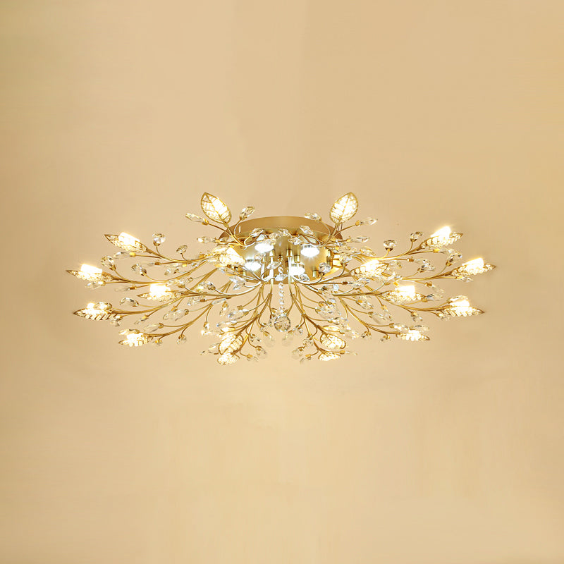 Rustic Crystal LED Ceiling Light Fixture for Hallway - Gold Branches Flush Mount Lamp