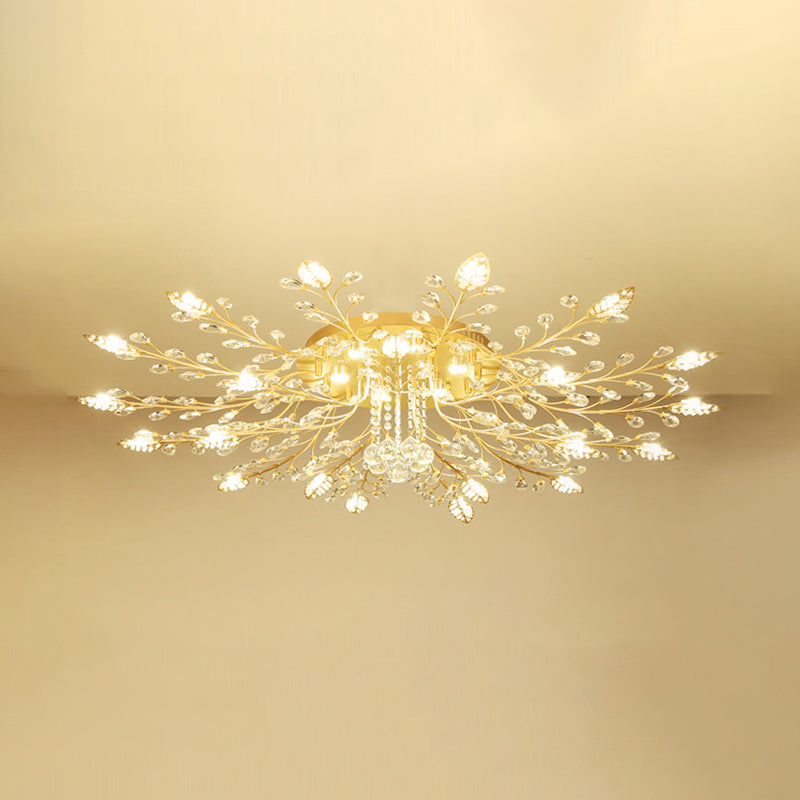 Rustic Crystal LED Ceiling Light Fixture for Hallway - Gold Branches Flush Mount Lamp