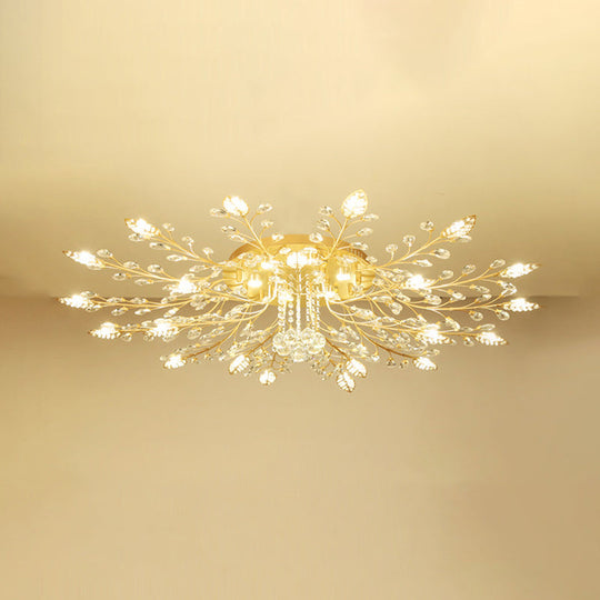 Rustic Crystal LED Ceiling Light Fixture for Hallway - Gold Branches Flush Mount Lamp