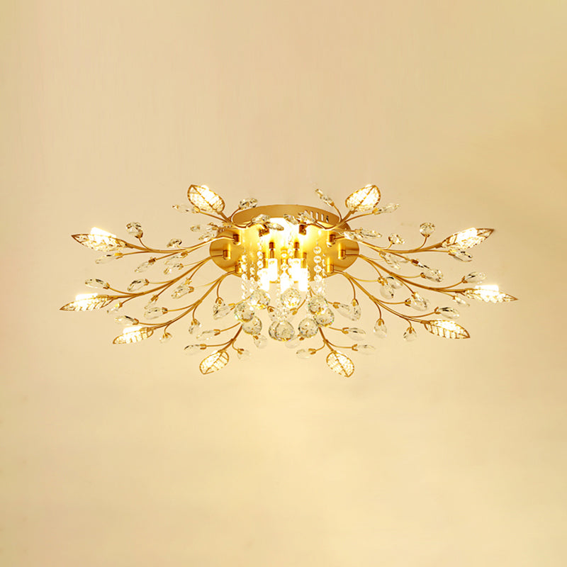 Rustic Crystal LED Ceiling Light Fixture for Hallway - Gold Branches Flush Mount Lamp