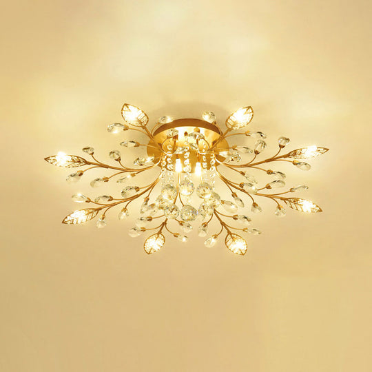 Rustic Crystal LED Ceiling Light Fixture for Hallway - Gold Branches Flush Mount Lamp