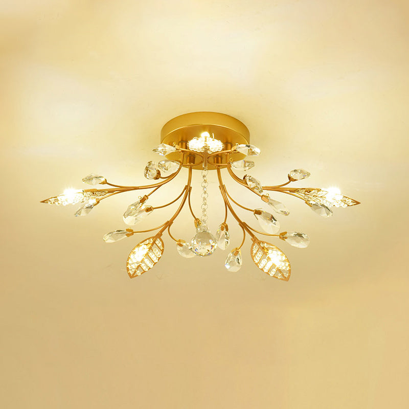 Rustic Crystal LED Ceiling Light Fixture for Hallway - Gold Branches Flush Mount Lamp