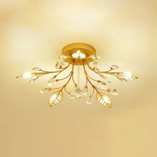 Rustic Crystal LED Ceiling Light Fixture for Hallway - Gold Branches Flush Mount Lamp