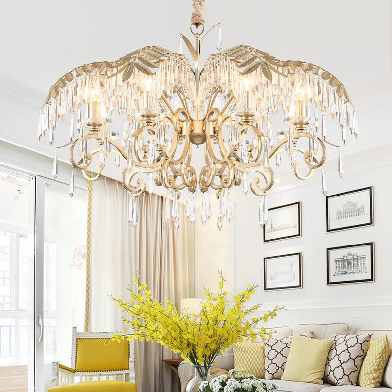 Gold Colonial Style Crystal Palm Leaf Chandelier Elegant Dining Room Suspension Lamp