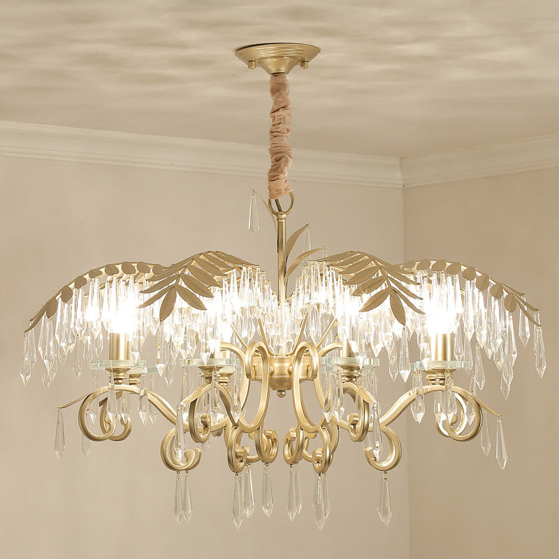 Gold Colonial Style Crystal Palm Leaf Chandelier Elegant Dining Room Suspension Lamp