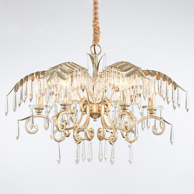 Gold Colonial Style Crystal Palm Leaf Chandelier Elegant Dining Room Suspension Lamp