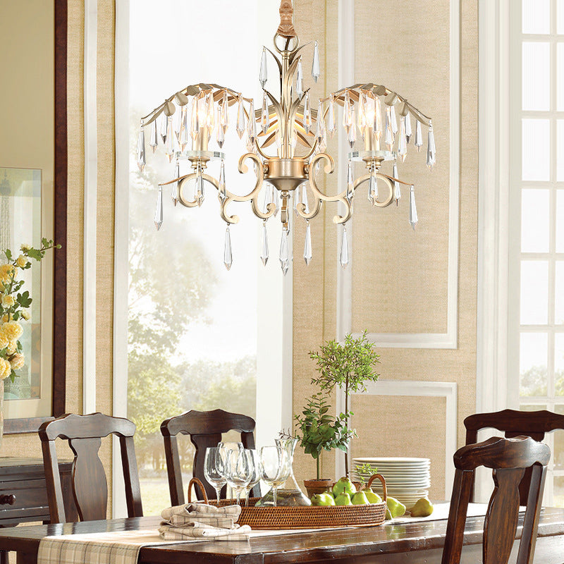 Gold Colonial Style Crystal Palm Leaf Chandelier Elegant Dining Room Suspension Lamp