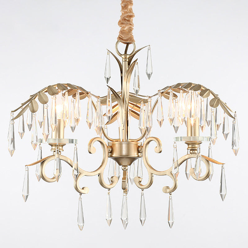 Gold Colonial Style Crystal Palm Leaf Chandelier Elegant Dining Room Suspension Lamp