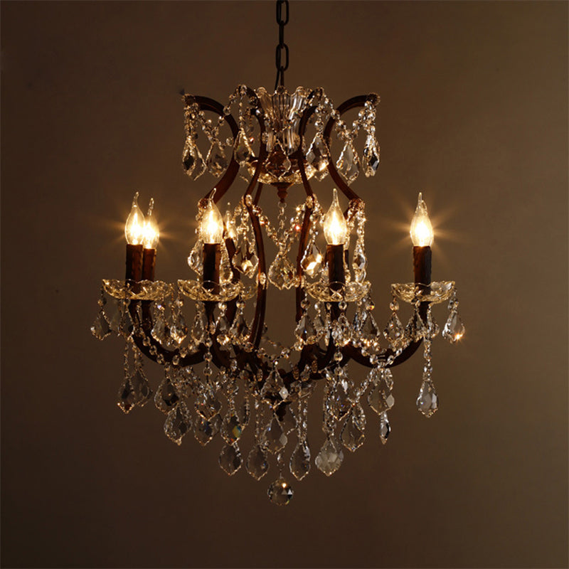 Vintage Crystal Draped Candle Chandelier Pendant Light In Rust