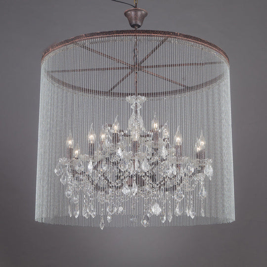 Rustic Retro Crystal Chandelier - 15-Head Candelabra Ceiling Light For Living Room With Tassel Chain