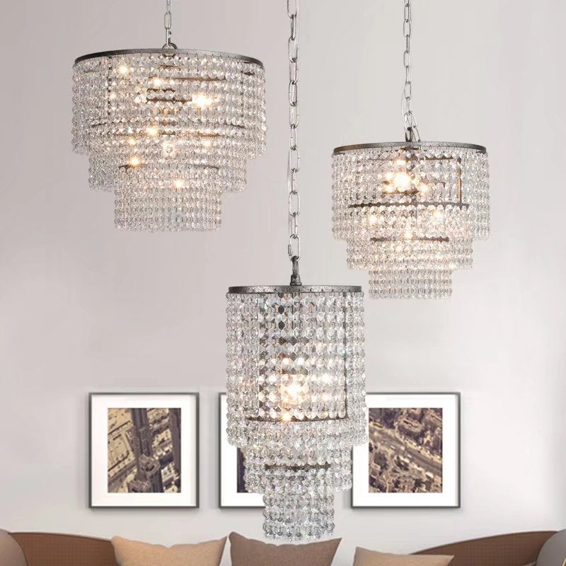 Rustic Crystal Strand Chrome Chandelier Pendant - Elegant Living Room Hanging Light