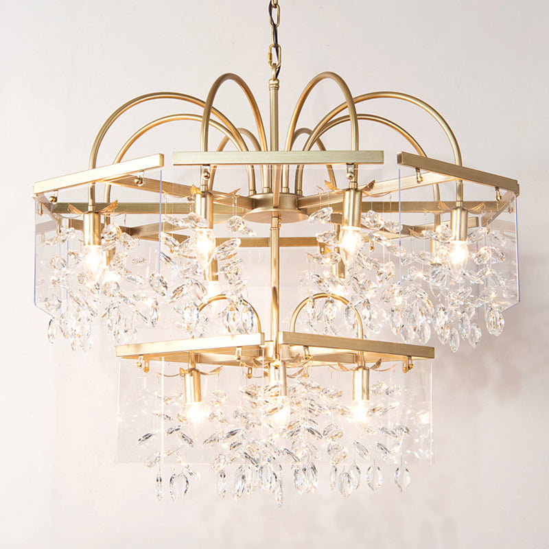 Geometric Gold Chandelier With Antique Metal Finish And Crystal Drops - Elegant Dining Room Hanging