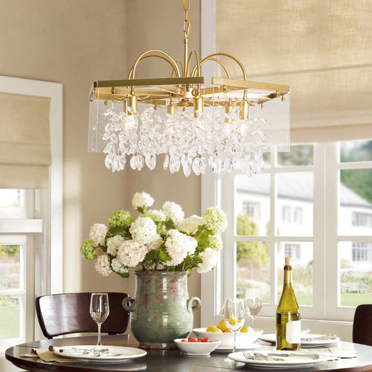 Geometric Gold Chandelier With Antique Metal Finish And Crystal Drops - Elegant Dining Room Hanging