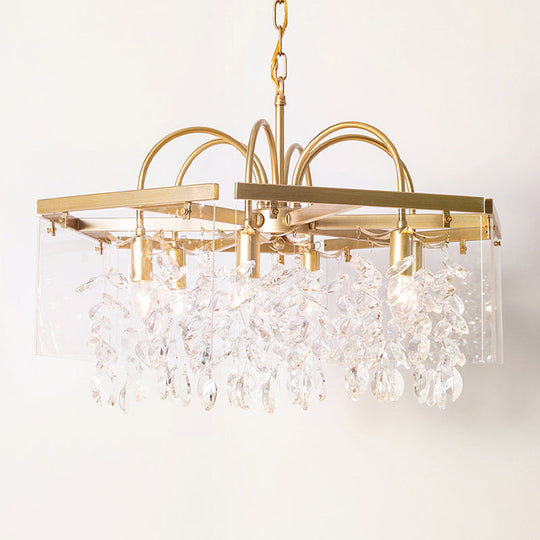 Geometric Gold Chandelier With Antique Metal Finish And Crystal Drops - Elegant Dining Room Hanging