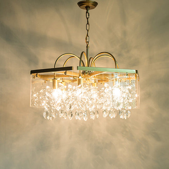 Geometric Gold Chandelier With Antique Metal Finish And Crystal Drops - Elegant Dining Room Hanging