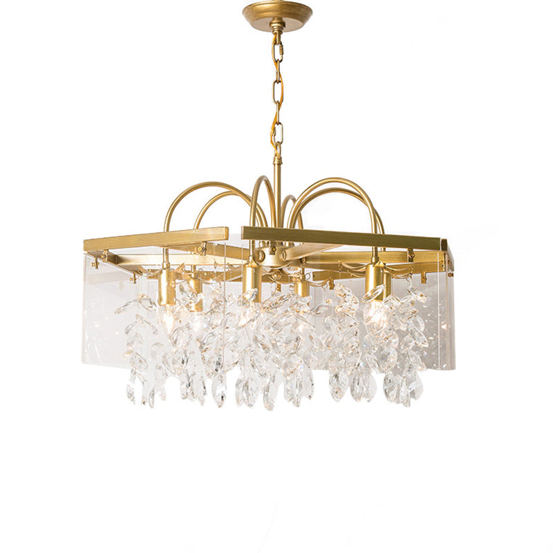 Geometric Gold Chandelier With Antique Metal Finish And Crystal Drops - Elegant Dining Room Hanging