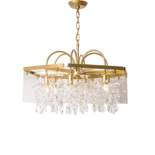 Geometric Gold Chandelier With Antique Metal Finish And Crystal Drops - Elegant Dining Room Hanging