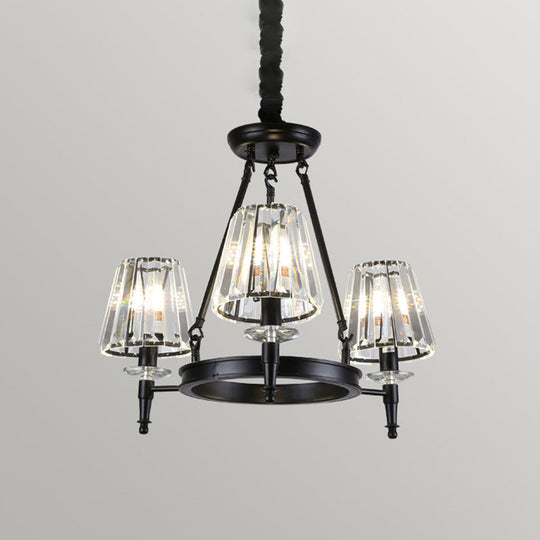 Classic Crystal Conical Chandelier: Black Suspended Lighting Fixture For Bedroom