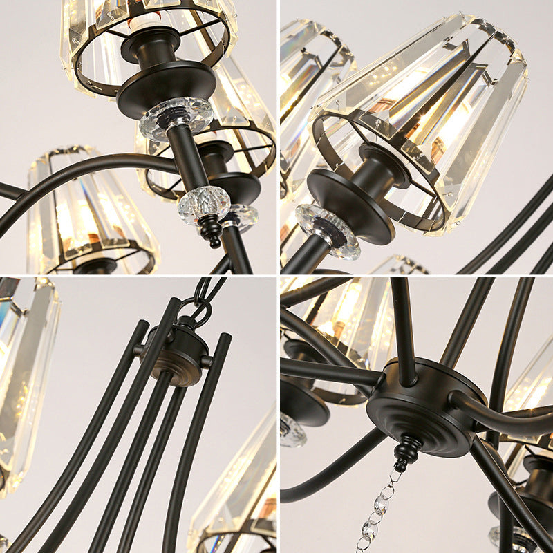 Rustic Black Conical Hanging Lamp With Faceted Clear Crystal Prisms - Bedroom Chandelier