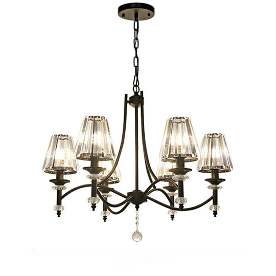 Rustic Black Conical Hanging Lamp With Faceted Clear Crystal Prisms - Bedroom Chandelier