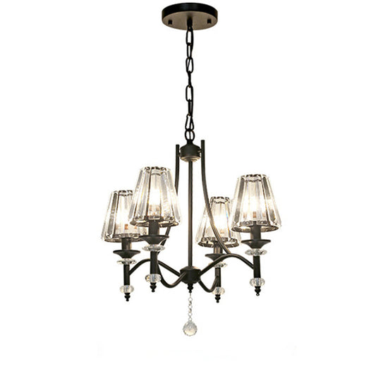 Rustic Black Conical Hanging Lamp With Faceted Clear Crystal Prisms - Bedroom Chandelier