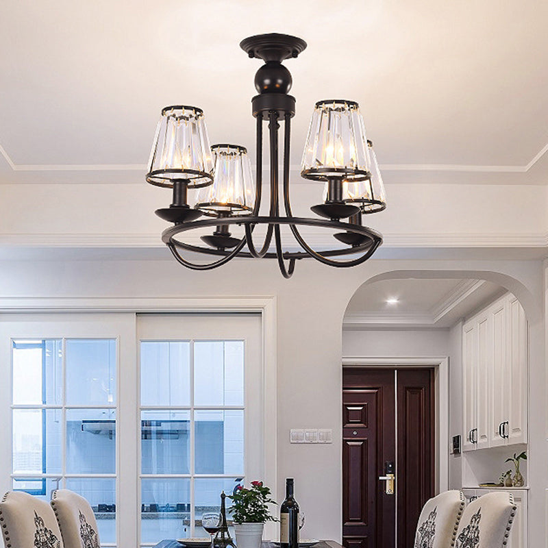 Black Conic Suspension Lamp With Traditional Cut-Crystal - Dining Room Chandelier