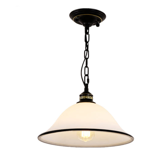 Flared Pendant Lighting 1 Light White Glass Hanging Fixture In Black For Dining Room