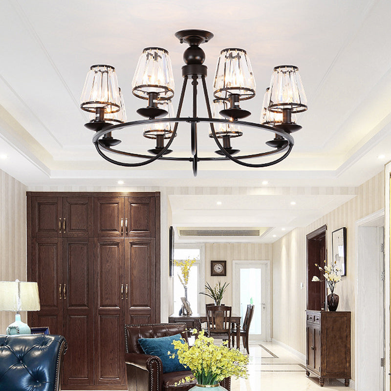 Black Conic Suspension Lamp With Traditional Cut-Crystal - Dining Room Chandelier