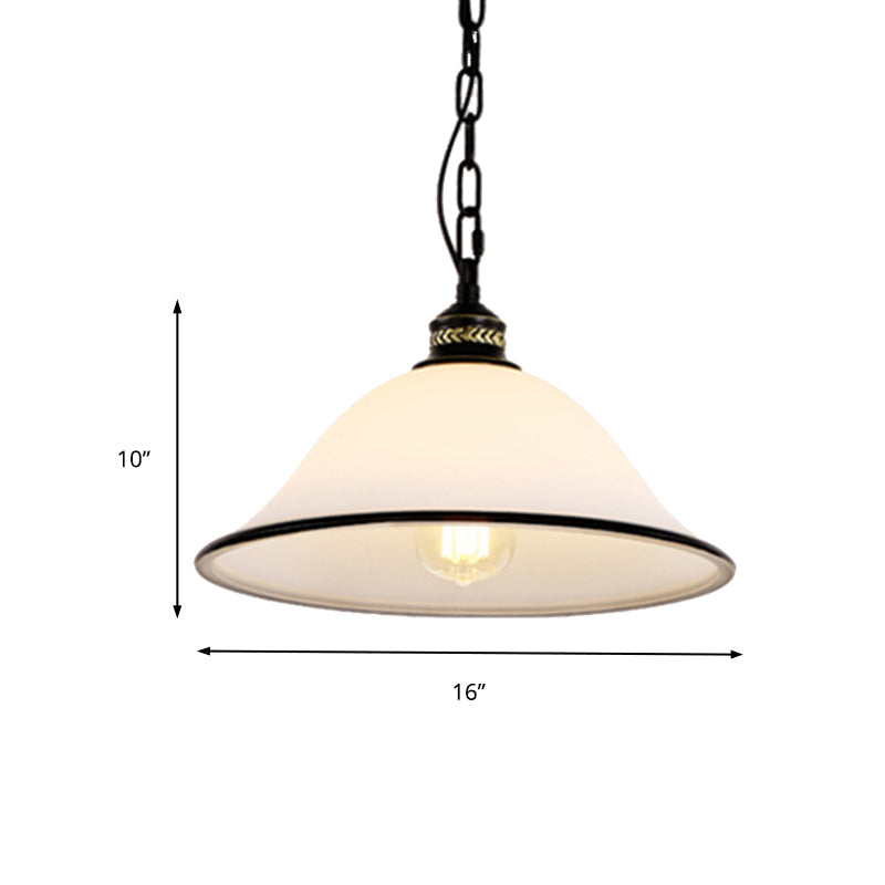 Flared Pendant Lighting 1 Light White Glass Hanging Fixture In Black For Dining Room