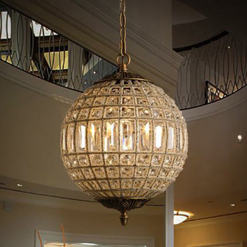 French Country Globe Pendant Chandelier - Crystal-Encrusted Brass Suspension Lamp