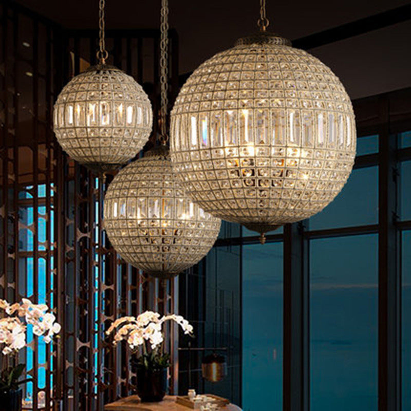 French Country Globe Pendant Chandelier - Crystal-Encrusted Brass Suspension Lamp