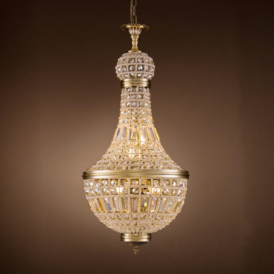 French Country Crystal Bedroom Ceiling Pendant Light Fixture - Brass Empire Chandelier