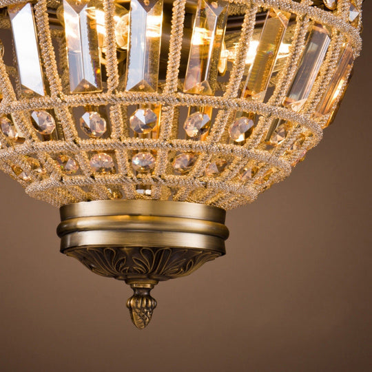 French Country Crystal Bedroom Ceiling Pendant Light Fixture - Brass Empire Chandelier