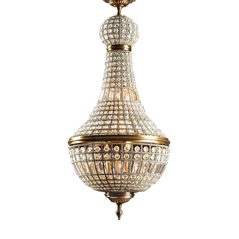 French Country Crystal Bedroom Ceiling Pendant Light Fixture - Brass Empire Chandelier