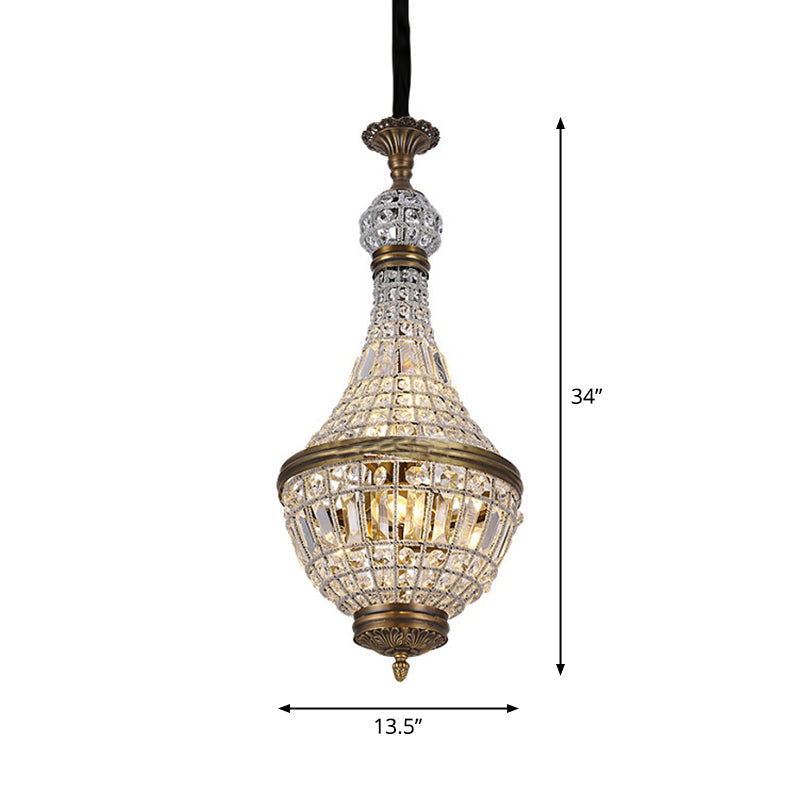 French Country Crystal Bedroom Ceiling Pendant Light Fixture - Brass Empire Chandelier