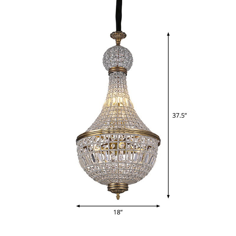 French Country Crystal Bedroom Ceiling Pendant Light Fixture - Brass Empire Chandelier