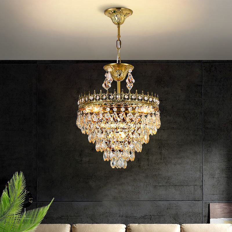 Victorian Clear Teardrop Crystal Chandelier For Living Room - Crown Shaped Hanging Lamp