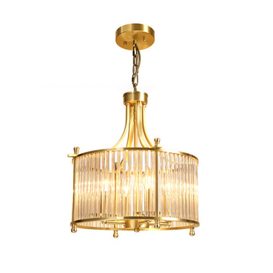 Traditional Gold Drum Chandelier - Clear Glass Rods 4-Light Dining Room Pendant