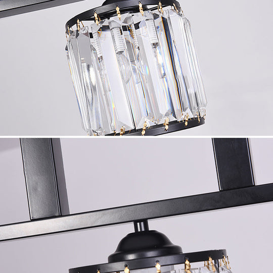 Rustic Black Cylindrical Island Pendant With 3 Lights & Prismatic Crystal Ideal For Tables