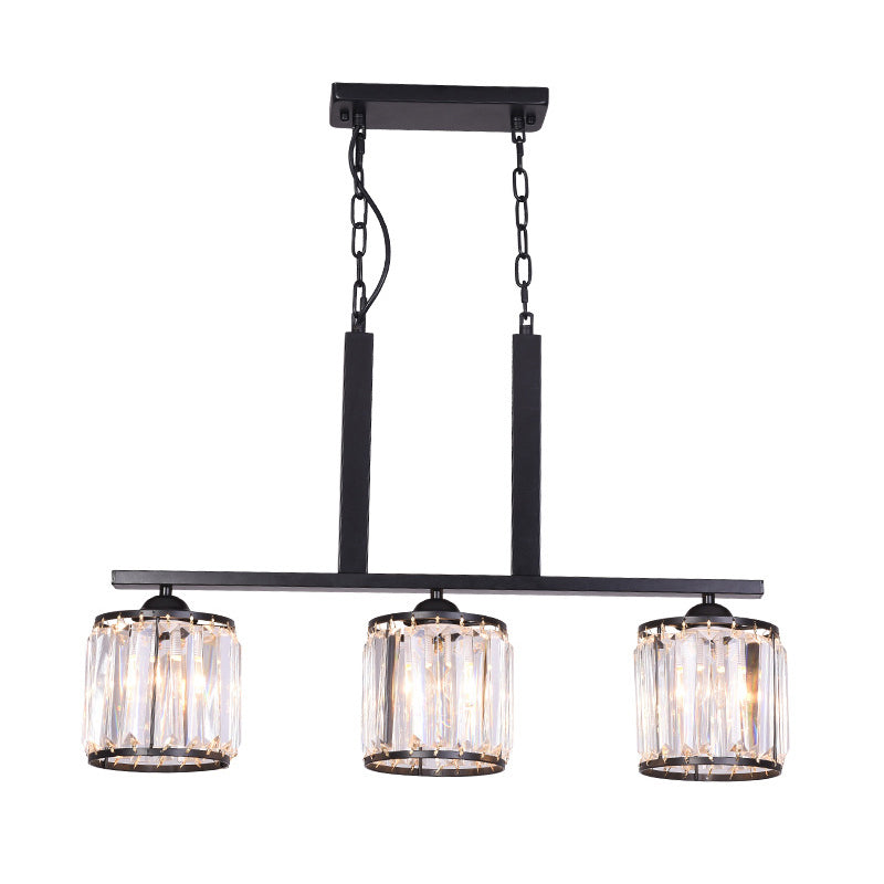 Rustic Black Cylindrical Island Pendant With 3 Lights & Prismatic Crystal Ideal For Tables