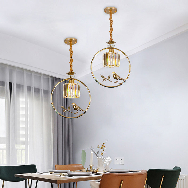 Bird-Enhanced Cylinder Crystal Pendant Light: Farmhouse Dining Room Lamp With Decorative Ring - 1