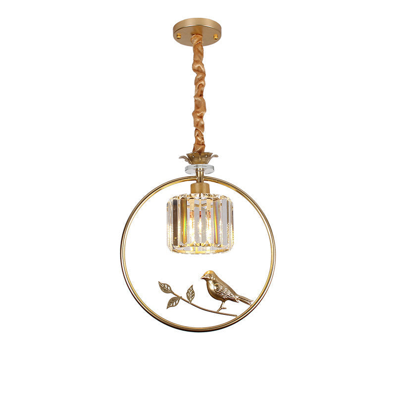 Bird-Enhanced Cylinder Crystal Pendant Light: Farmhouse Dining Room Lamp With Decorative Ring - 1