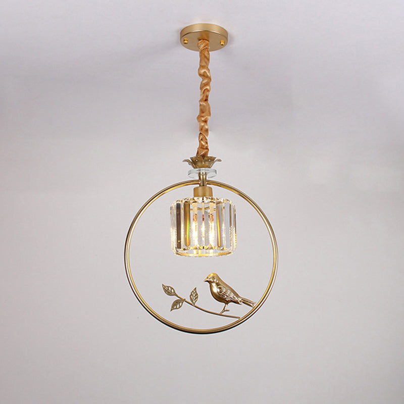 Bird-Enhanced Cylinder Crystal Pendant Light: Farmhouse Dining Room Lamp With Decorative Ring - 1