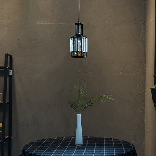 Industrial 1-Light Black Iron Wire Cage Bottle Pendant With Crystal - Dining Table Suspension Lamp