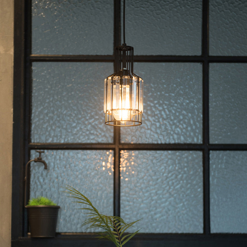 Industrial 1-Light Black Iron Wire Cage Bottle Pendant With Crystal - Dining Table Suspension Lamp