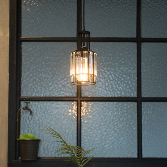 Industrial 1-Light Black Iron Wire Cage Bottle Pendant With Crystal - Dining Table Suspension Lamp