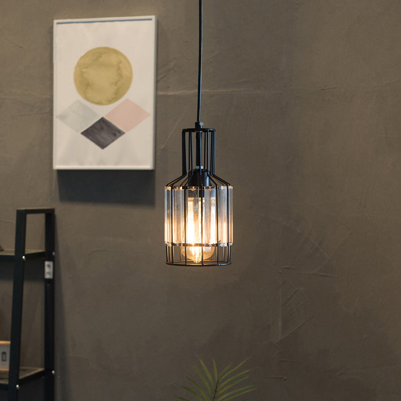 Industrial 1-Light Black Iron Wire Cage Bottle Pendant With Crystal - Dining Table Suspension Lamp