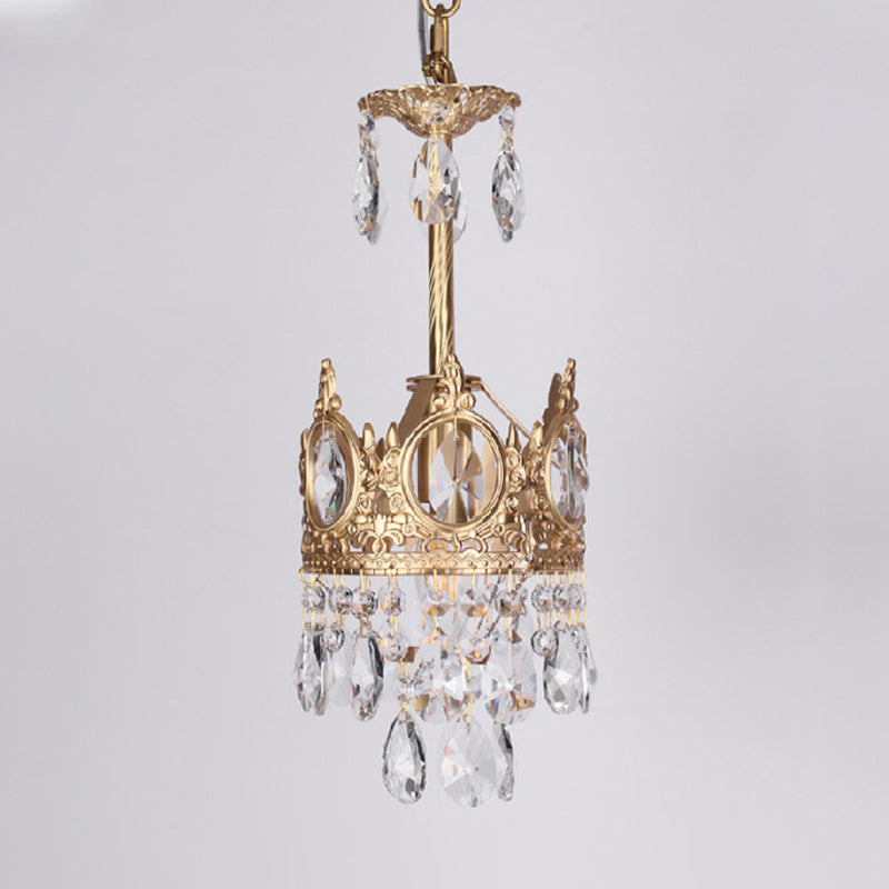 Antique Gold Crown Ceiling Pendant With Crystal Drops For Single Bedroom