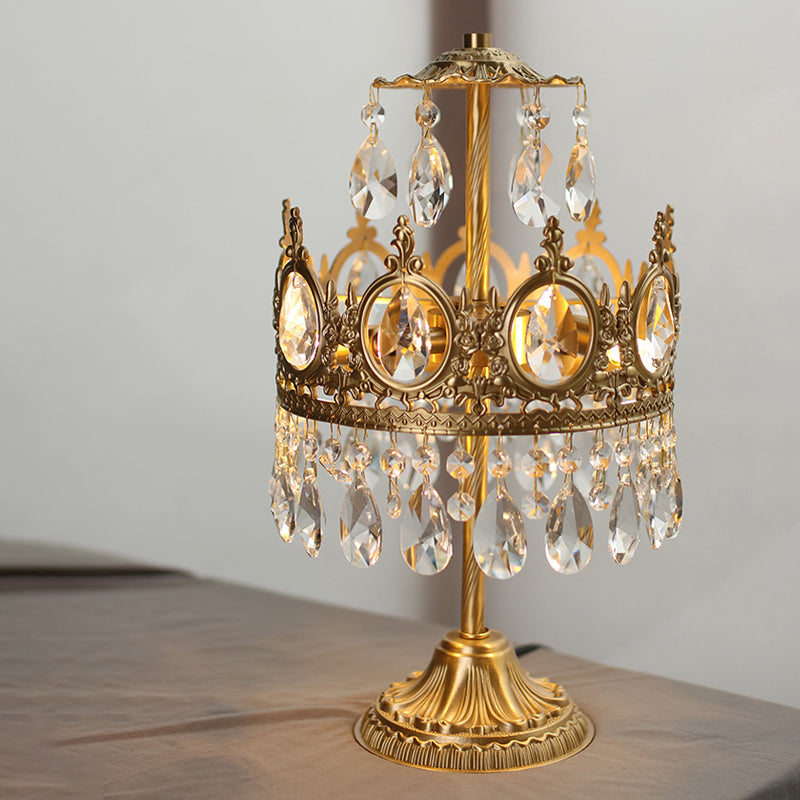 Antique Crown Crystal Nightstand Lamp - Single-Bulb Gold Table Light For The Bedroom