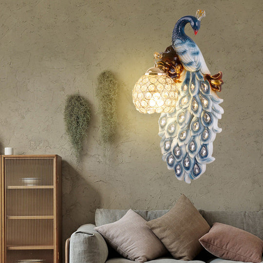 Country Resin Wall Sconce With Blue Peacock Design And Crystal Shade For Dining Room Lighting /